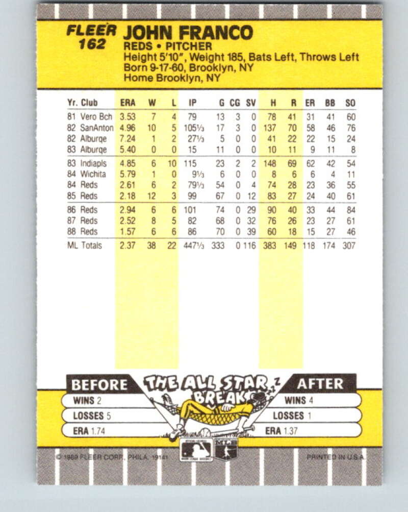 1989 Fleer #162 John Franco Mint Cincinnati Reds Image 2