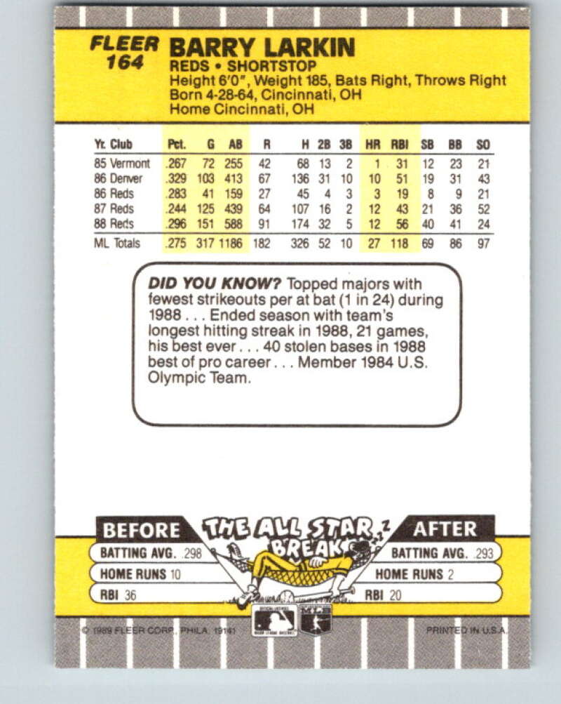 1989 Fleer #164 Barry Larkin Mint Cincinnati Reds Image 2