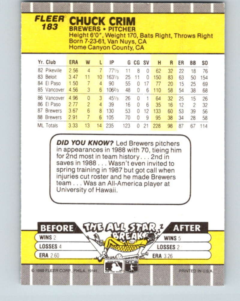 1989 Fleer #183 Chuck Crim Mint Milwaukee Brewers