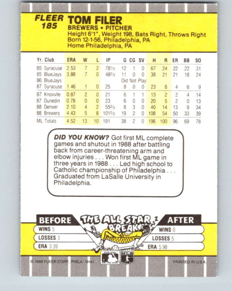 1989 Fleer #185 Tom Filer Mint Milwaukee Brewers