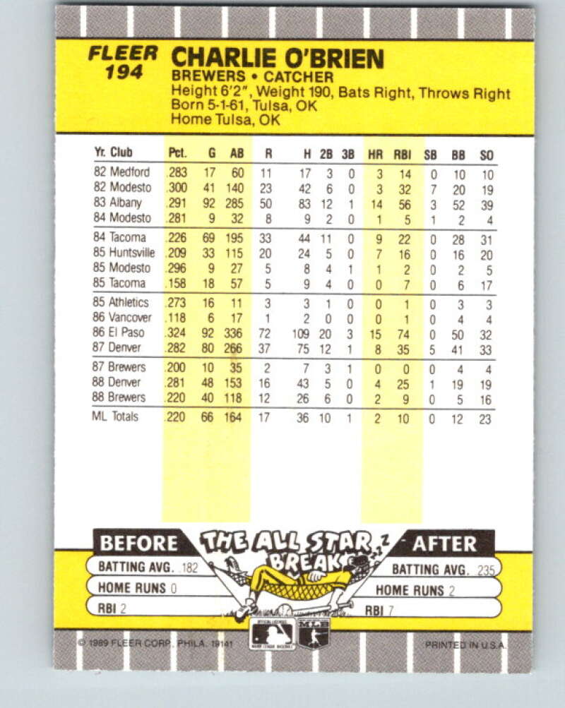 1989 Fleer #194 Charlie O'Brien Mint Milwaukee Brewers