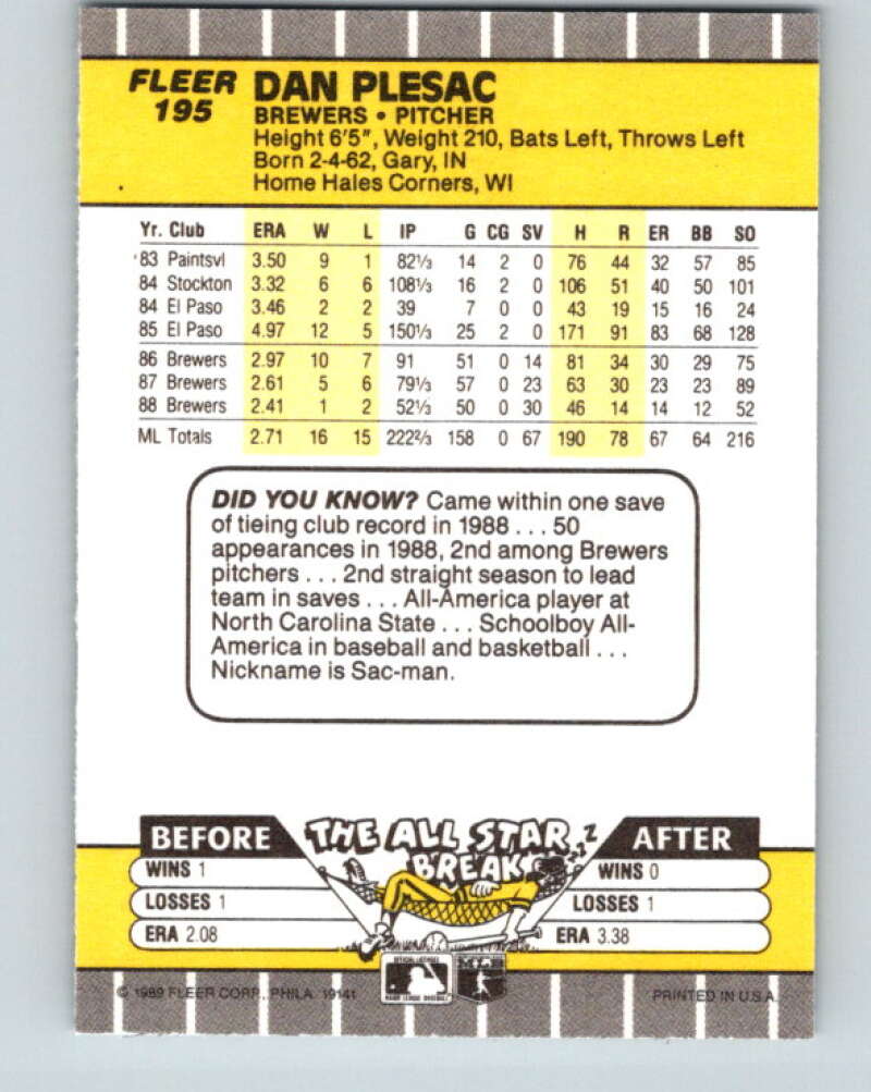 1989 Fleer #195 Dan Plesac Mint Milwaukee Brewers