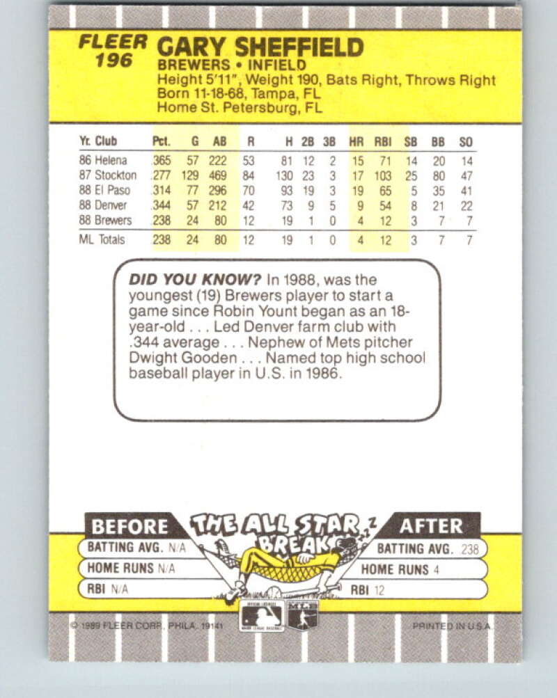 1989 Fleer #196 Gary Sheffield Mint RC Rookie Milwaukee Brewers