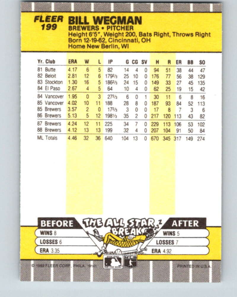 1989 Fleer #199 Bill Wegman Mint Milwaukee Brewers