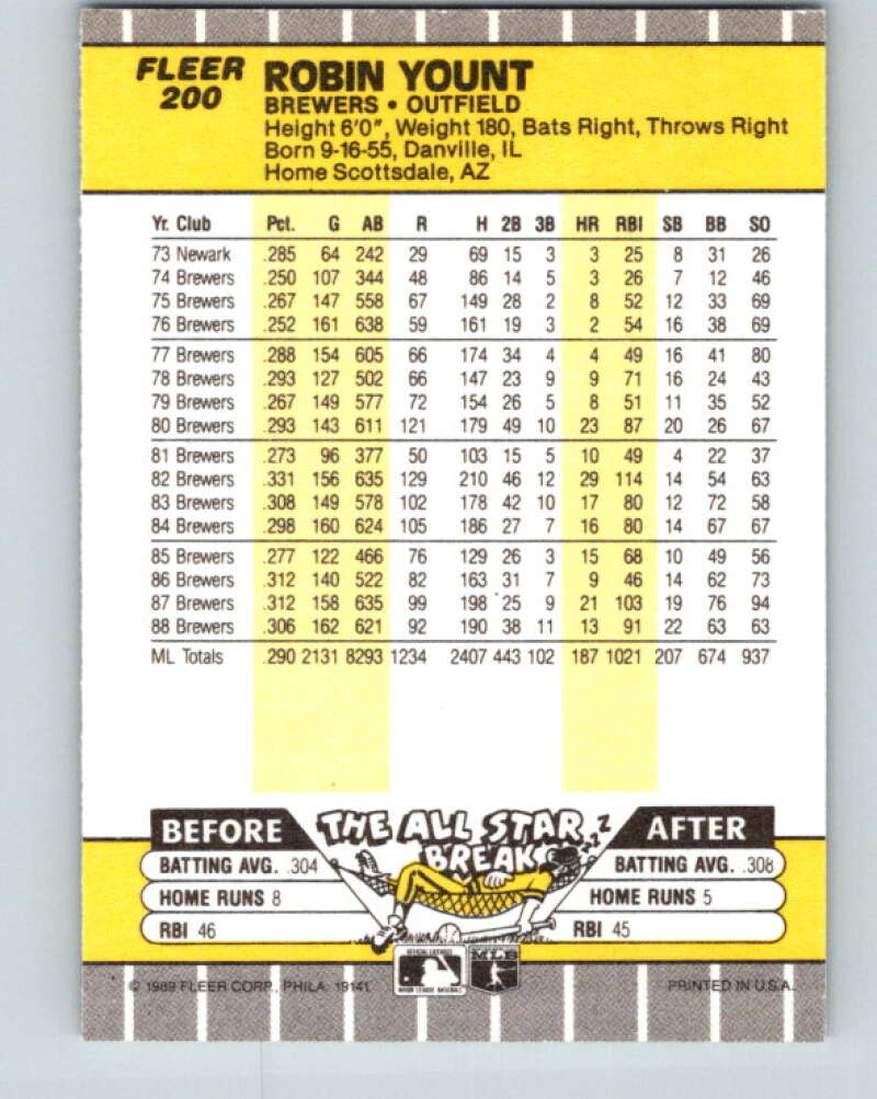 1989 Fleer #200 Robin Yount Mint Milwaukee Brewers