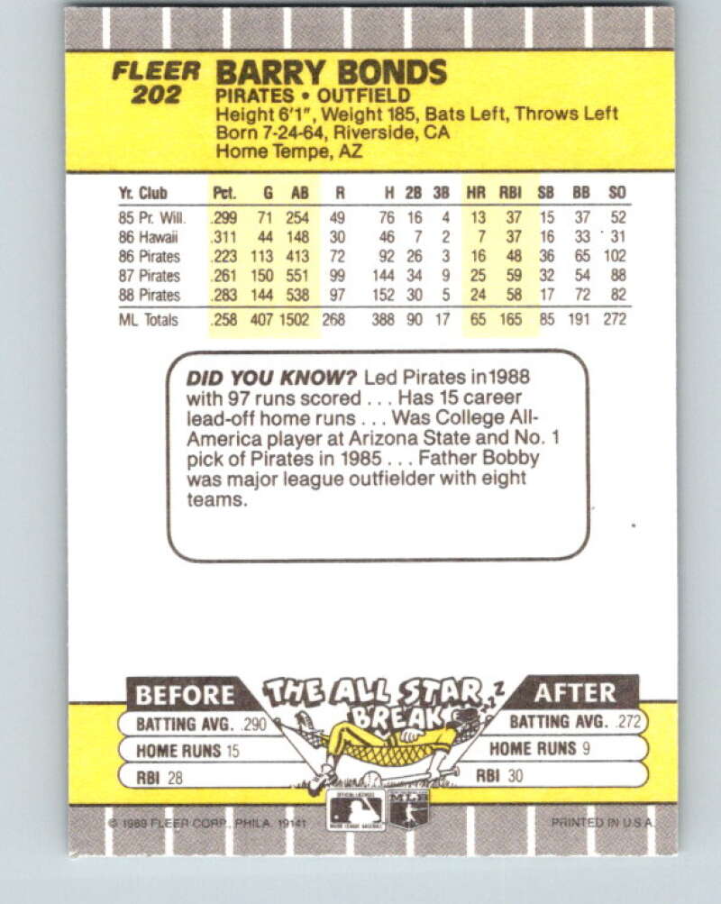 1989 Fleer #202 Barry Bonds Mint Pittsburgh Pirates