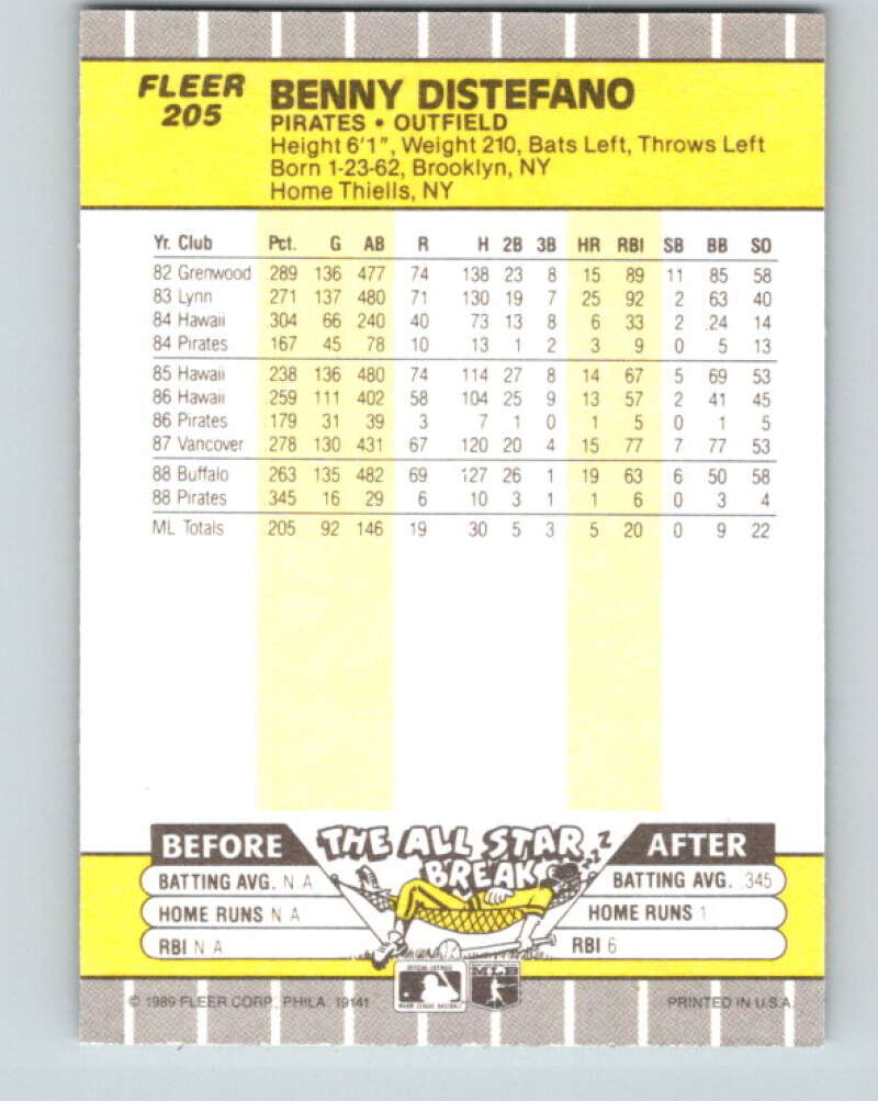 1989 Fleer #205 Benny Distefano Mint Pittsburgh Pirates