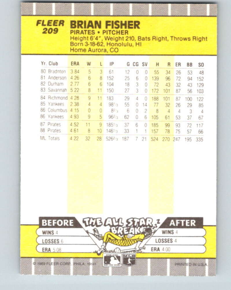 1989 Fleer #209 Brian Fisher Mint Pittsburgh Pirates