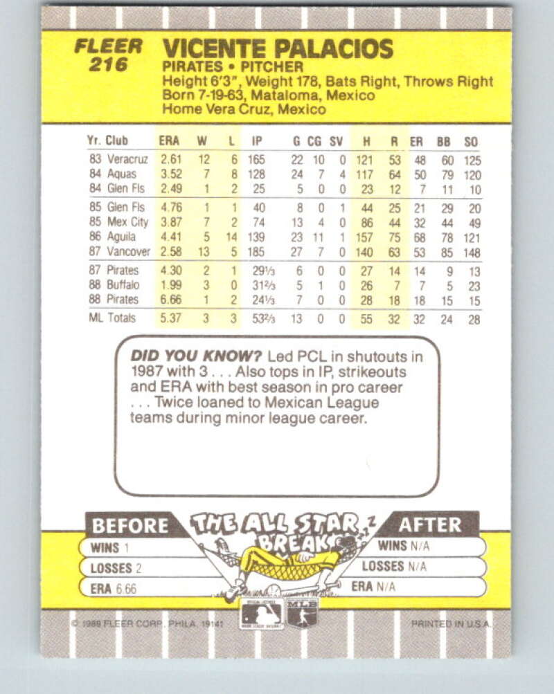 1989 Fleer #216 Vicente Palacios Mint Pittsburgh Pirates