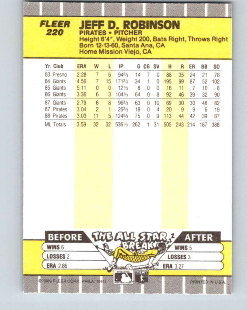 1989 Fleer #220 Jeff Robinson Mint Pittsburgh Pirates