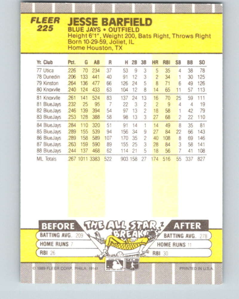 1989 Fleer #225 Jesse Barfield Mint Toronto Blue Jays