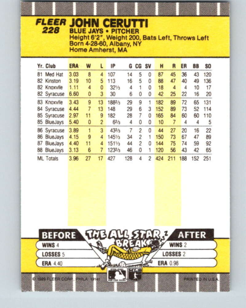 1989 Fleer #228 John Cerutti Mint Toronto Blue Jays