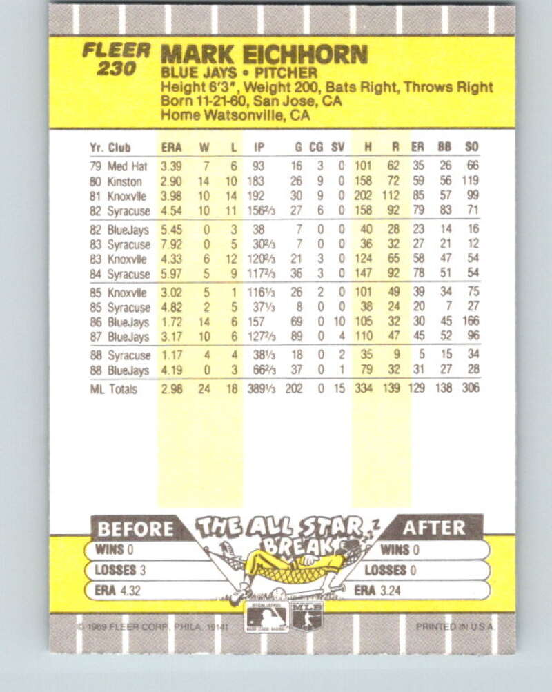 1989 Fleer #230 Mark Eichhorn Mint Toronto Blue Jays