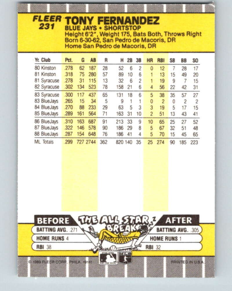 1989 Fleer #231 Tony Fernandez Mint Toronto Blue Jays