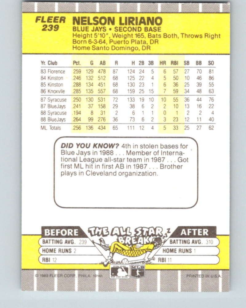 1989 Fleer #239 Nelson Liriano Mint Toronto Blue Jays