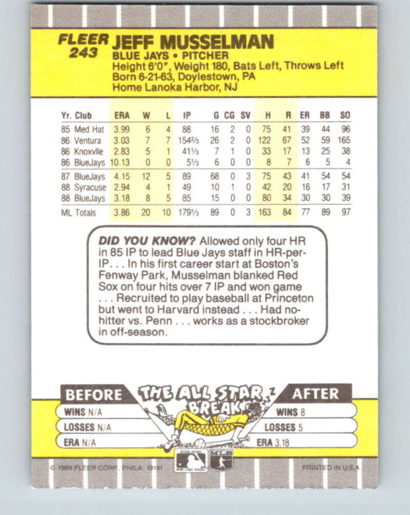 1989 Fleer #243 Jeff Musselman Mint Toronto Blue Jays