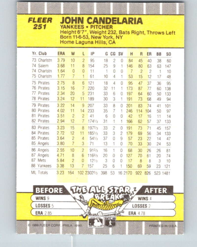 1989 Fleer #251 John Candelaria Mint New York Yankees