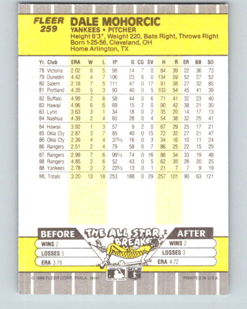 1989 Fleer #259 Dale Mohorcic Mint New York Yankees