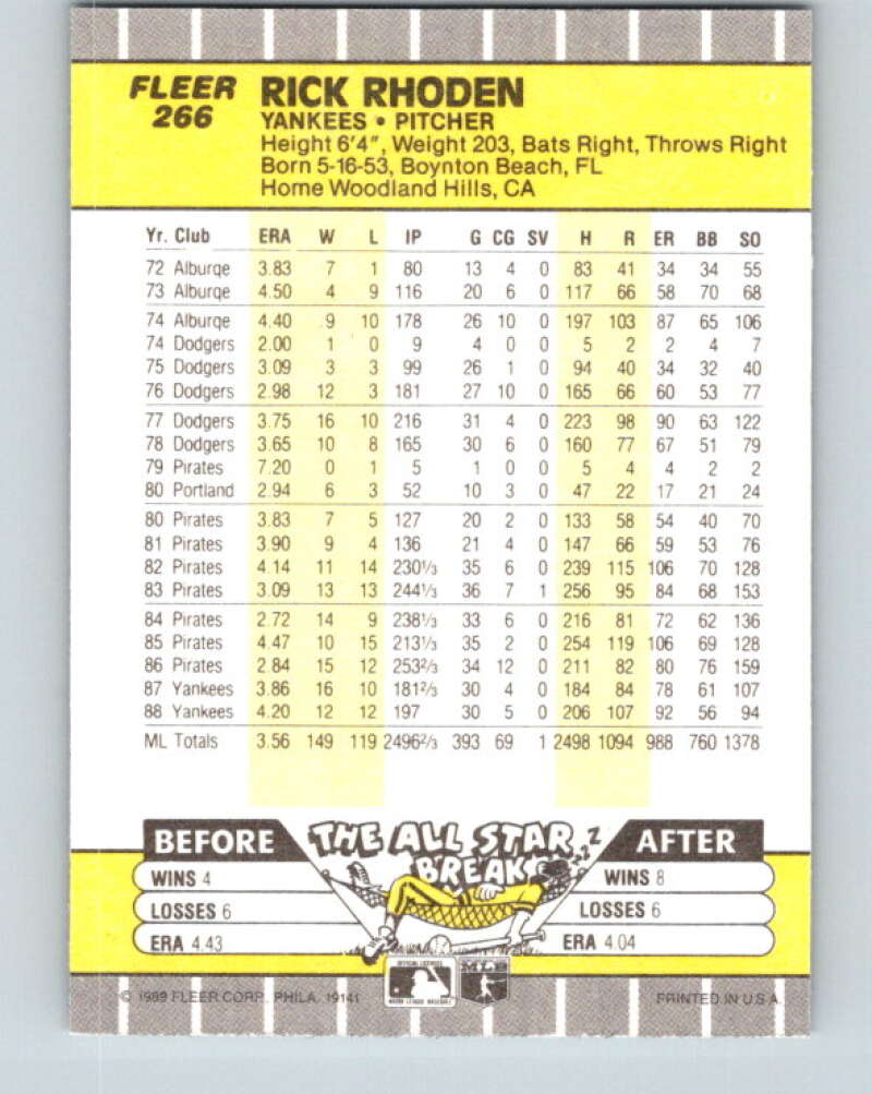 1989 Fleer #266 Rick Rhoden Mint New York Yankees