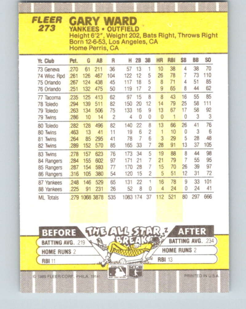 1989 Fleer #273 Gary Ward Mint New York Yankees