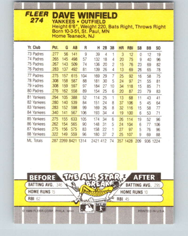 1989 Fleer #274 Dave Winfield Mint New York Yankees