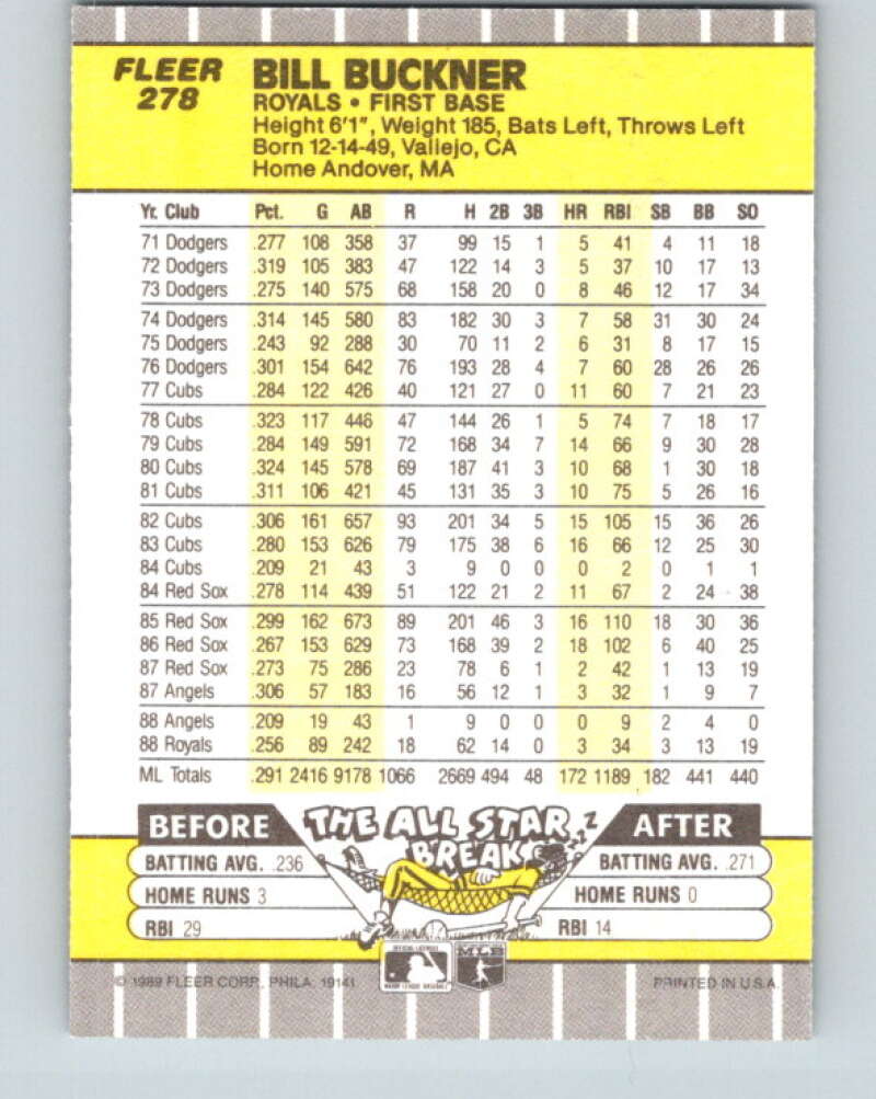 1989 Fleer #278 Bill Buckner Mint Kansas City Royals