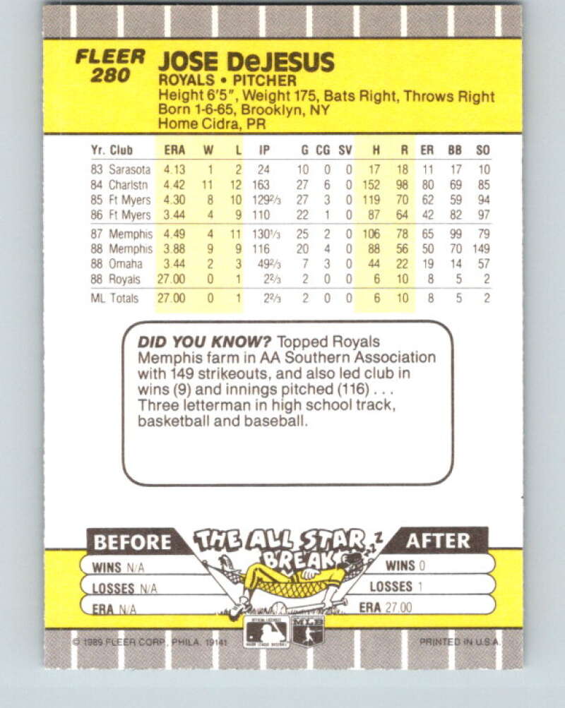 1989 Fleer #280 Jose DeJesus Mint RC Rookie Kansas City Royals