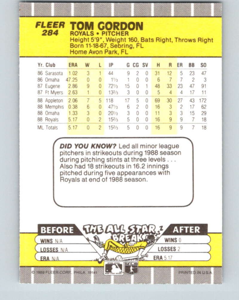 1989 Fleer #284 Tom Gordon Mint RC Rookie Kansas City Royals