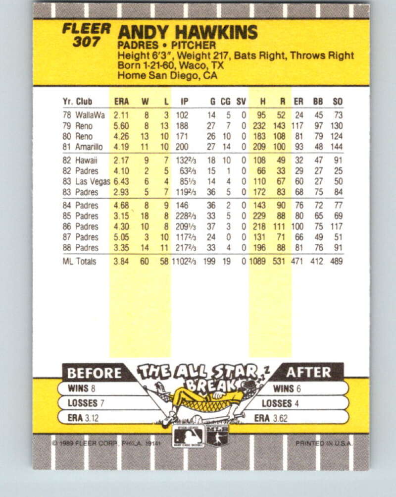 1989 Fleer #307 Andy Hawkins Mint San Diego Padres