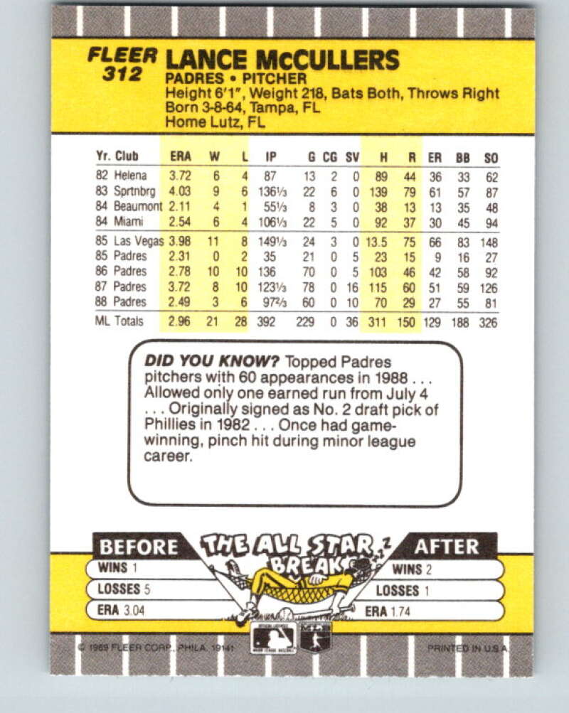 1989 Fleer #312 Lance McCullers Mint San Diego Padres
