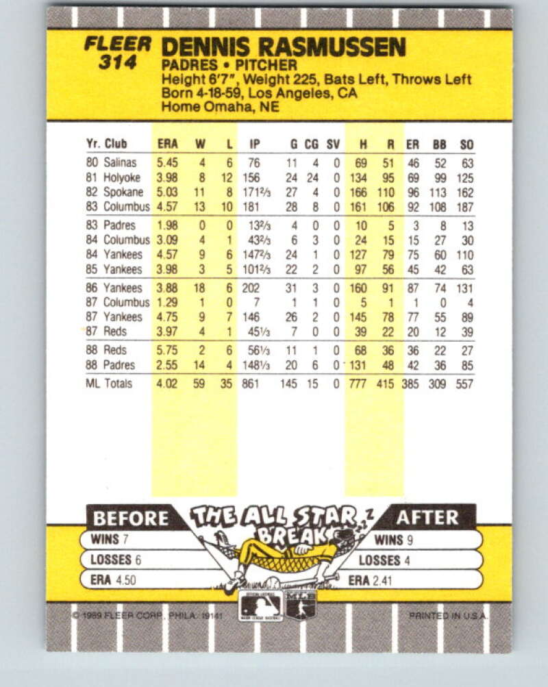 1989 Fleer #314 Dennis Rasmussen Mint San Diego Padres