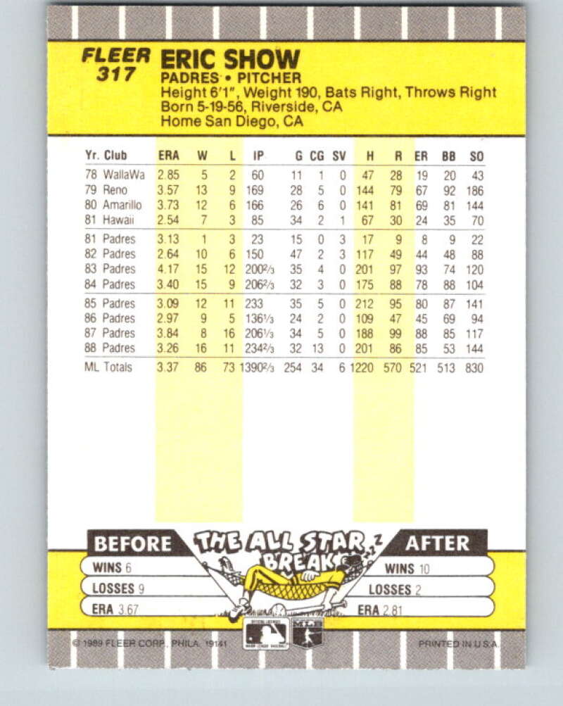 1989 Fleer #317 Eric Show Mint San Diego Padres