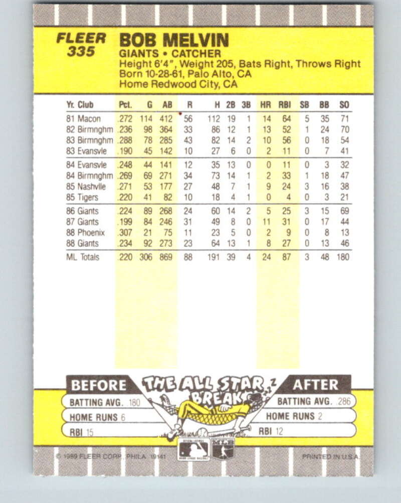 1989 Fleer #335 Bob Melvin Mint San Francisco Giants