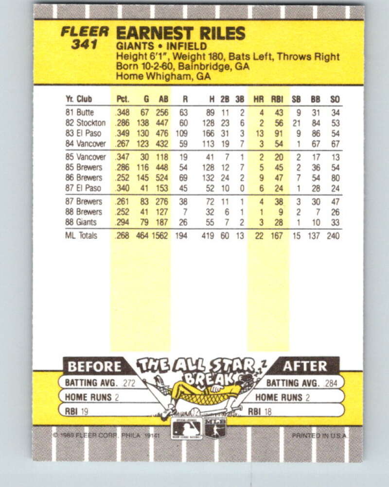 1989 Fleer #341 Ernest Riles Mint San Francisco Giants
