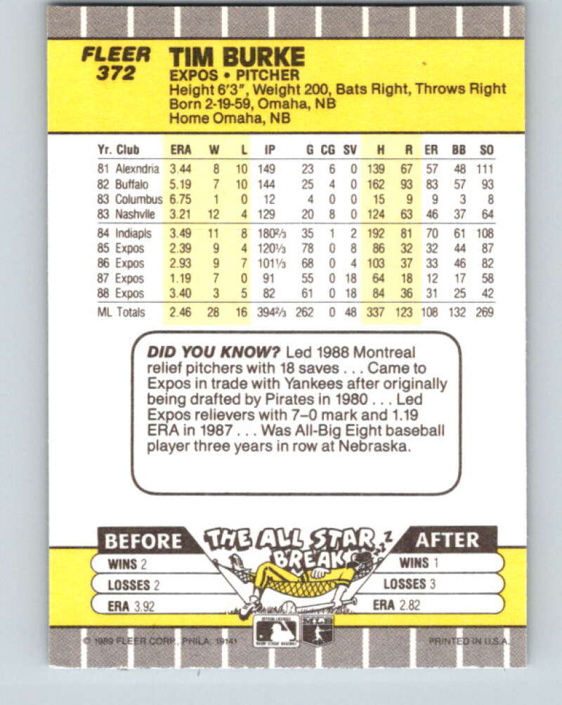 1989 Fleer #372 Tim Burke Mint Montreal Expos