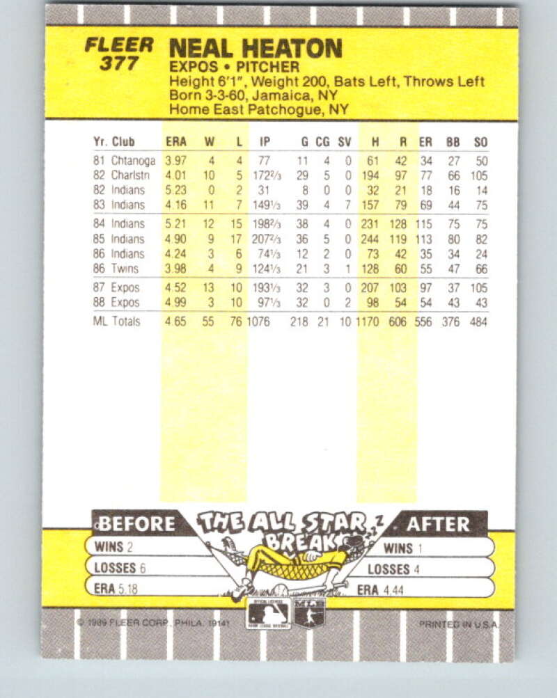 1989 Fleer #377 Neal Heaton Mint Montreal Expos