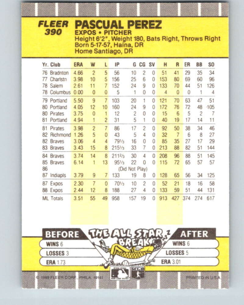 1989 Fleer #390 Pascual Perez Mint Montreal Expos