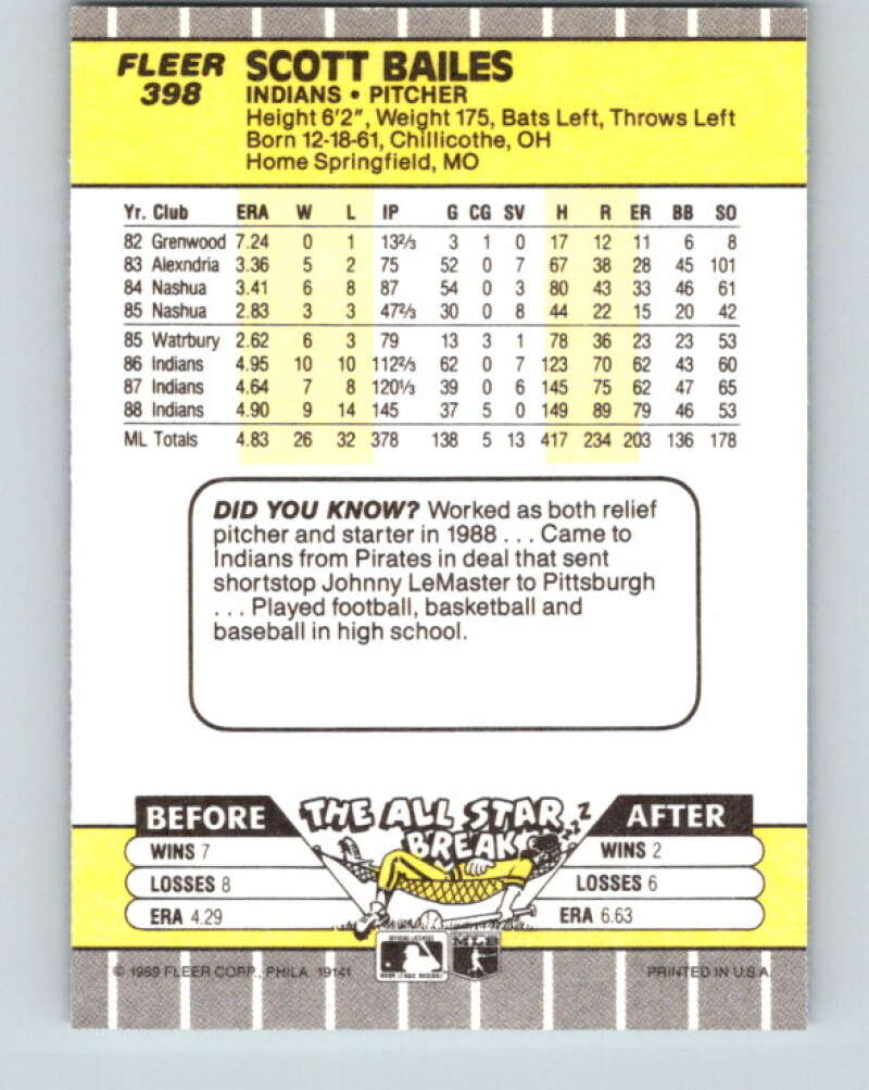 1989 Fleer #398 Scott Bailes Mint Cleveland Indians