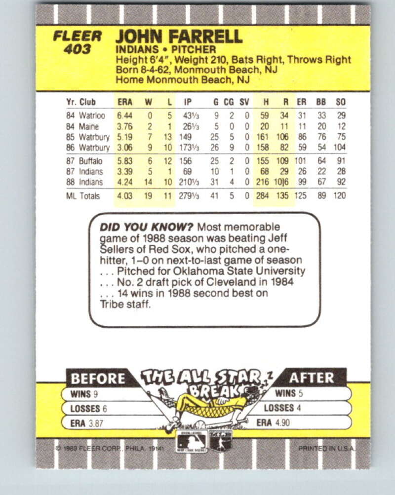 1989 Fleer #403 John Farrell UER Mint Cleveland Indians