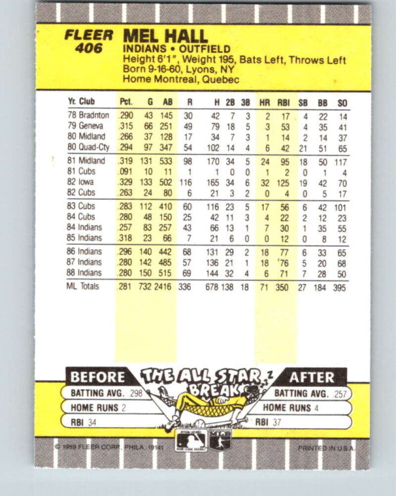 1989 Fleer #406 Mel Hall Mint Cleveland Indians