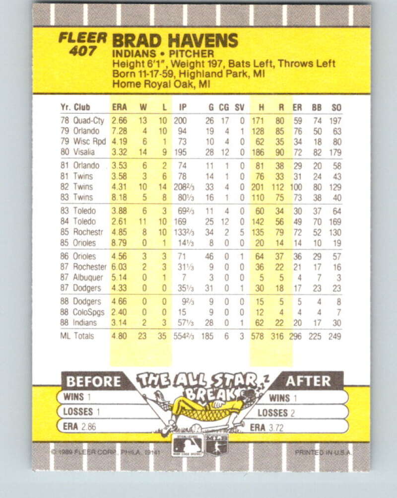 1989 Fleer #407 Brad Havens Mint Cleveland Indians