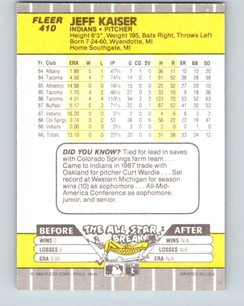 1989 Fleer #410 Jeff Kaiser Mint RC Rookie Cleveland Indians