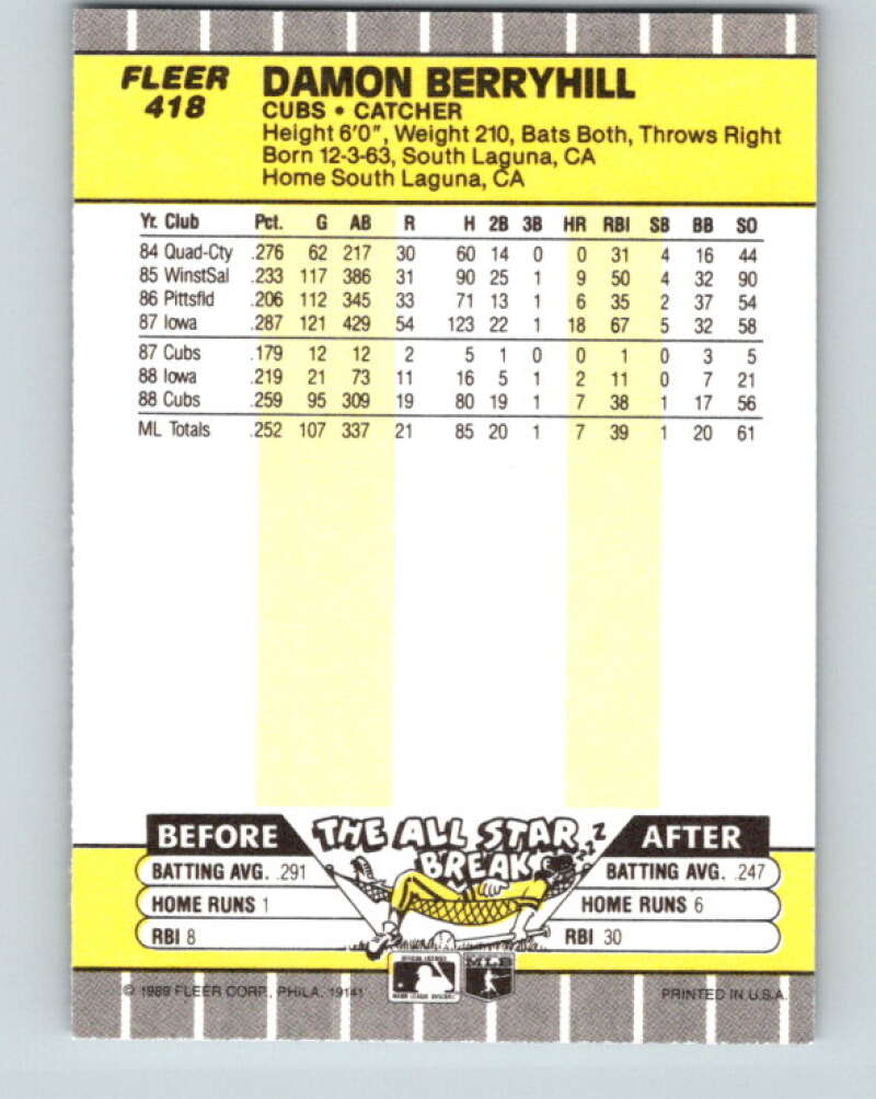 1989 Fleer #418 Damon Berryhill Mint Chicago Cubs