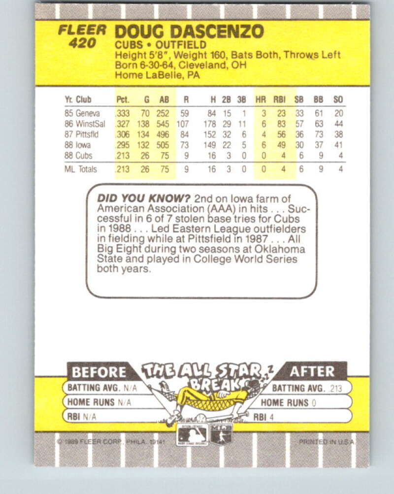 1989 Fleer #420 Doug Dascenzo Mint RC Rookie Chicago Cubs