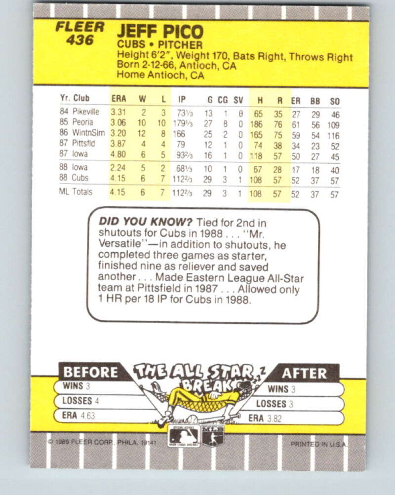 1989 Fleer #436 Jeff Pico Mint Chicago Cubs