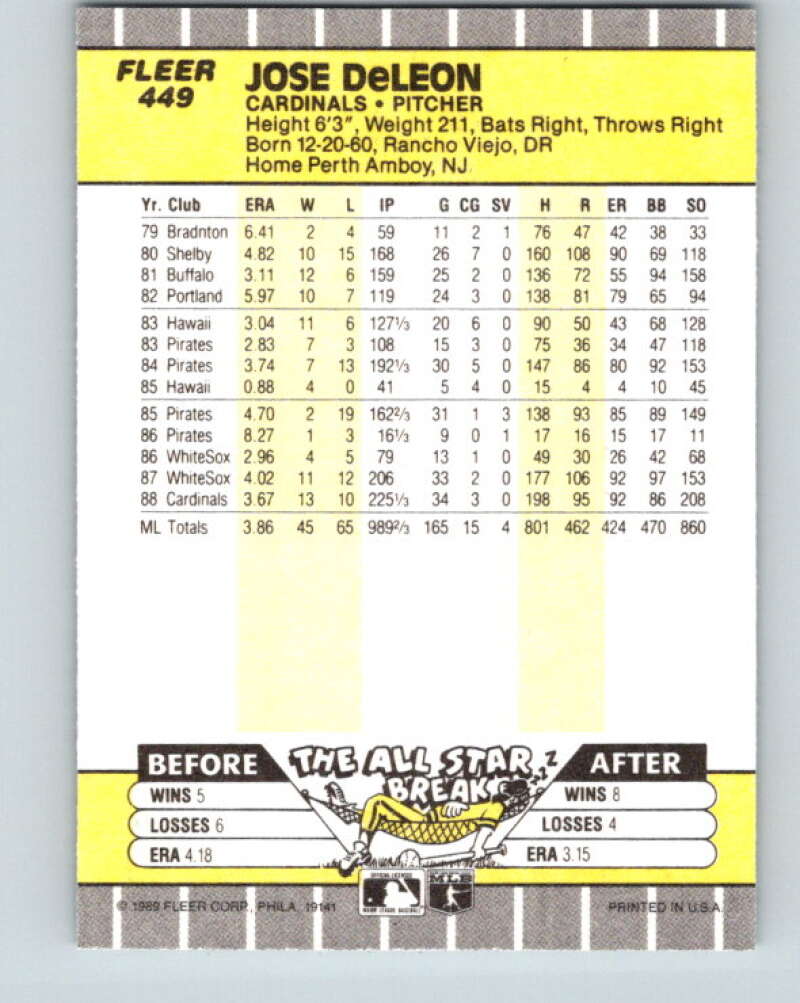 1989 Fleer #449 Jose DeLeon Mint St. Louis Cardinals