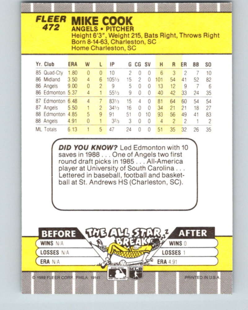 1989 Fleer #472 Mike Cook UER Mint RC Rookie California Angels