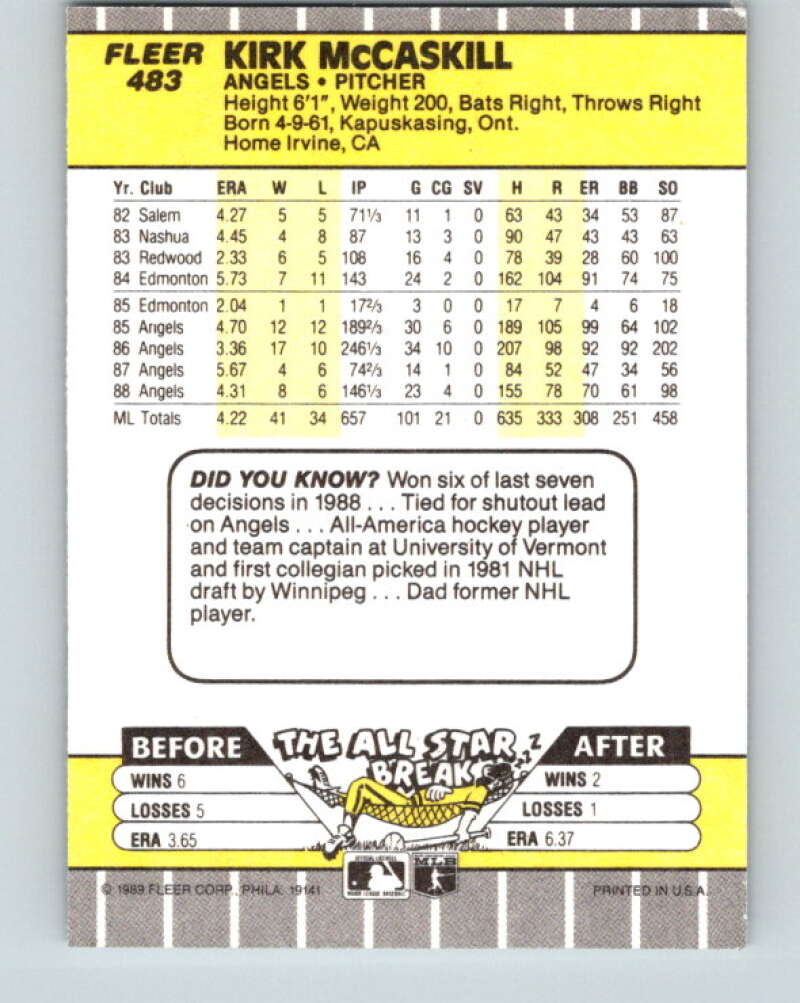 1989 Fleer #483 Kirk McCaskill Mint California Angels