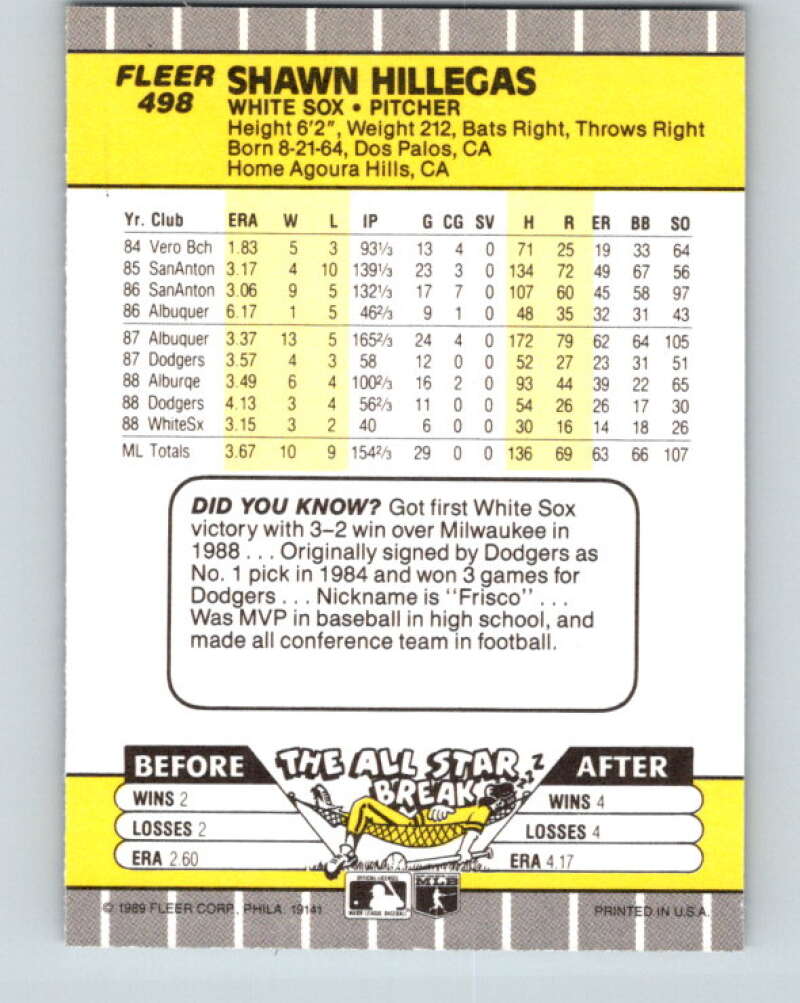1989 Fleer #498 Shawn Hillegas Mint Chicago White Sox