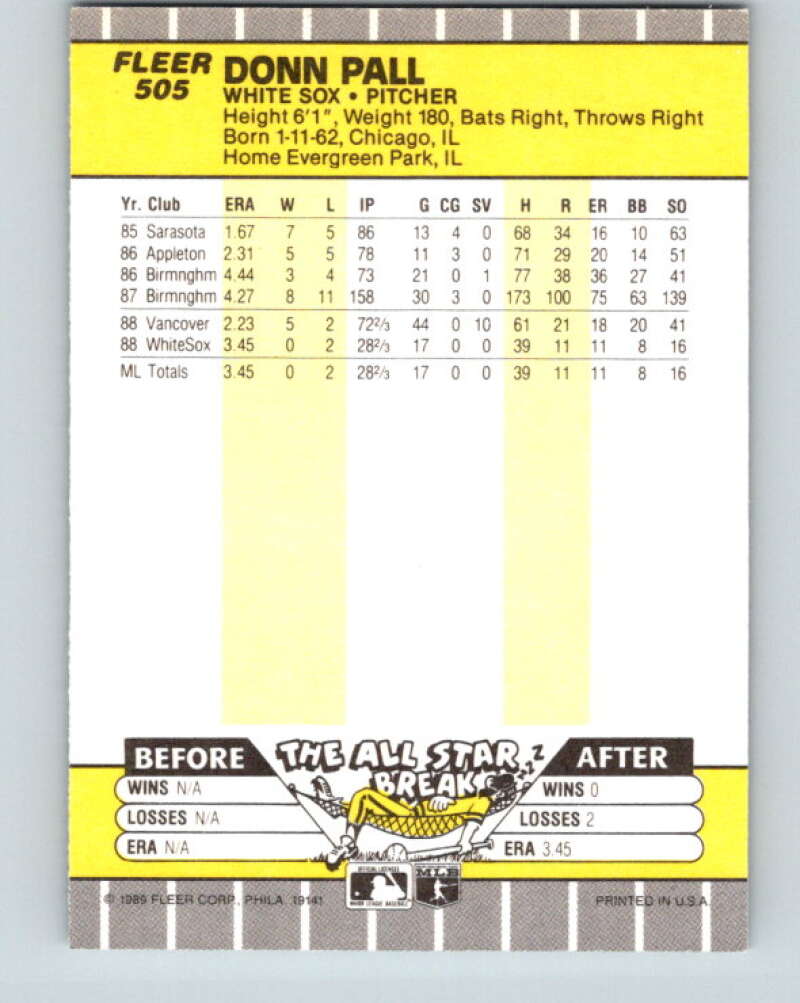 1989 Fleer #505 Donn Pall Mint RC Rookie Chicago White Sox